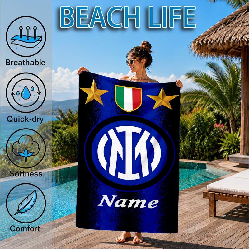 Custom Name Beach Towel Milan Crest Microfiber Beach Towel, Lightweight for Summer Travel, Swimming Pool Fan Birthday Gift