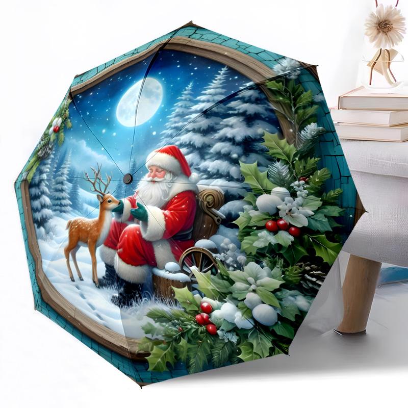 Stained Glass Reindeer Art Compact Travel Automatic Umbrella with 8-Rib Lightweight Travel Essential Fashion Lovers