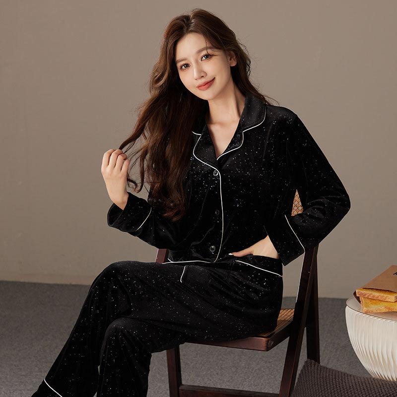Women’s Luxury Velvet Pajama Set Autumn Winter Long Sleeve Top and Pants Soft Gold Velvet Loungewear Two Piece Set