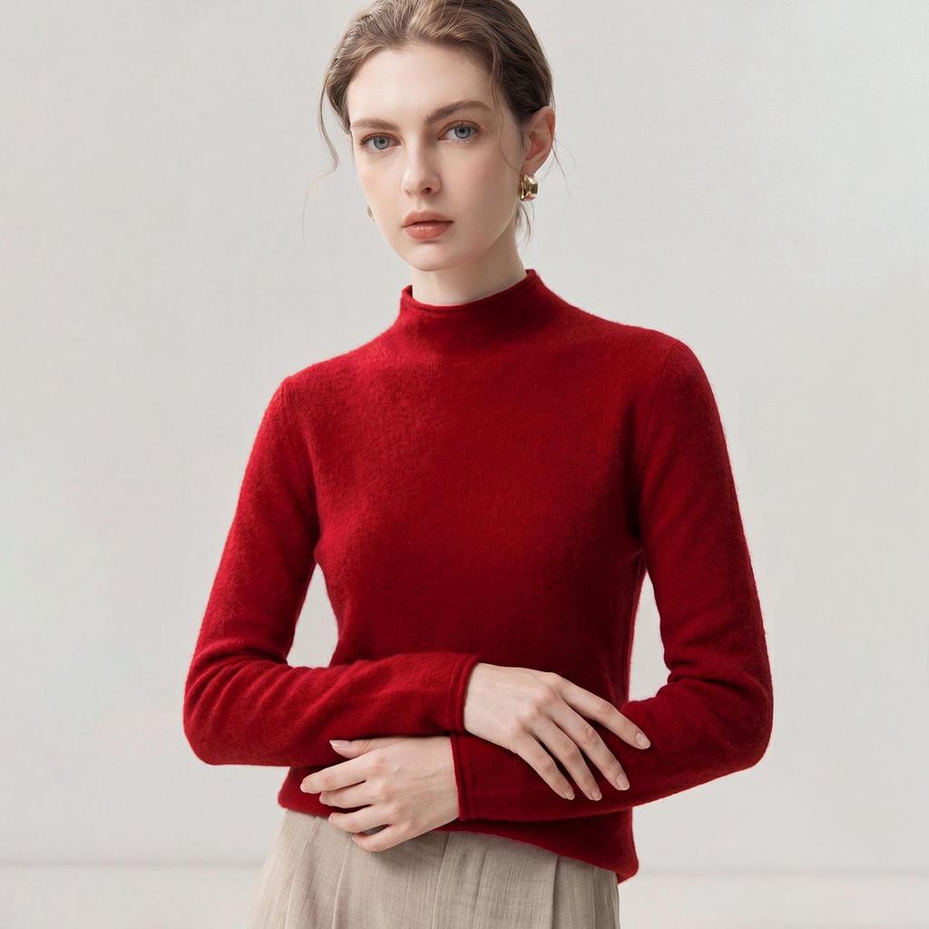 Women's 100% Cashmere Ribbed Half-Turtleneck Sweater - Autumn/Winter Base Layer, Loose & Warm