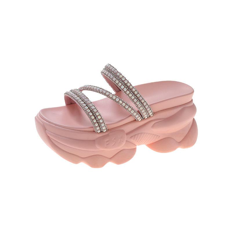 CINESSD Summer Platform Slippers Women Blue Pleated Riband Discolor Ladies Chunky Sole Beach Cool Wedges Slides Shoes Woman