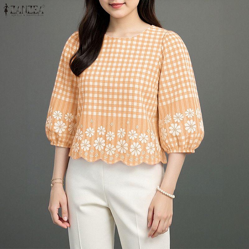 ZANZEA Women Casual Round Neck 3/4 Sleeve Loose Plaid Print Blouse