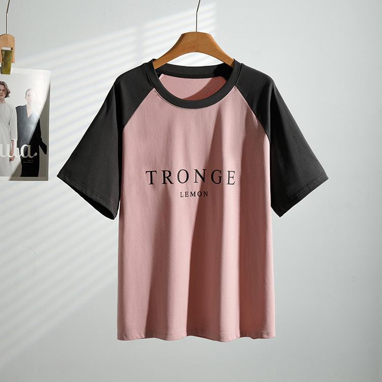 

2026 Summer Arrival: Color Block Pure Cotton Straight Shoulder Short Sleeve Casual Plus Size Women s Fashion (Up to 300 jin) 4XL (150-180 jin) рожевий