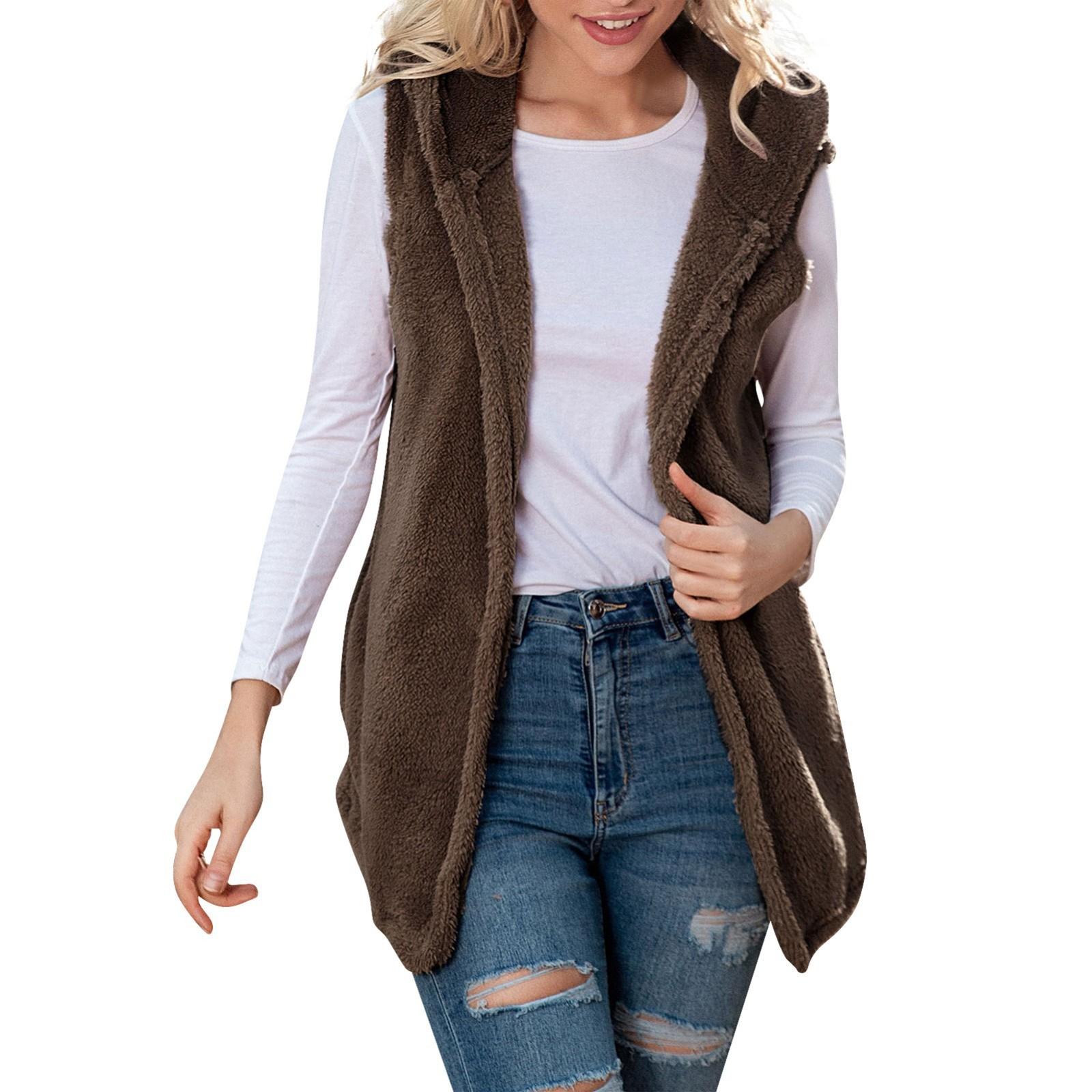 

Женское модное однотонное повседневное пальто из плюша с капюшоном и карманами M кофейный