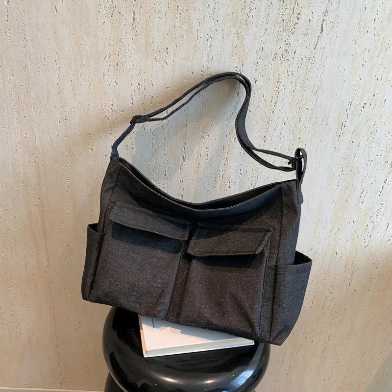 

Сумки через плечо из денима большой емкости на молнии для поездок на работу с двумя карманами для женщин