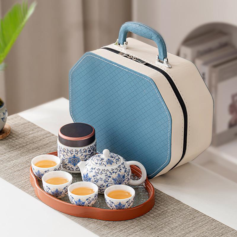 Retro Guochao suet jade entangled lotus travel tea set portable express cup outdoor camping teapot printing