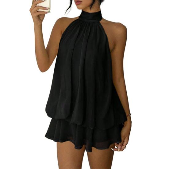 Women's Halter Neck Chiffon Mini Dress Summer Sleeveless Cocktail Party Dress Ruffle Wedding Guest Dress