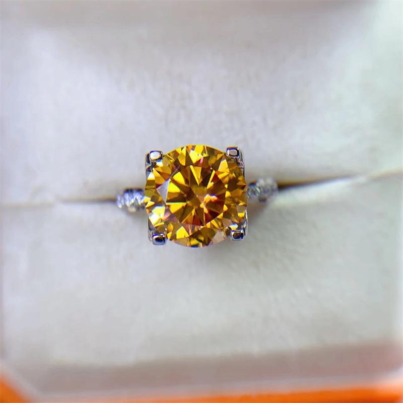 5-Carat Yellow Moissanite Round Gold Diamond Ring, European & American Slim Waist Style, Platinum Finish