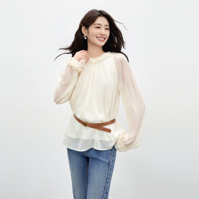 Women s Elegant Ruffle Sleeve Round Neck Blouse M