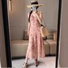 French retro V-neck pink ruffle edge floral suspender dress women's summer new waist and thin skirt