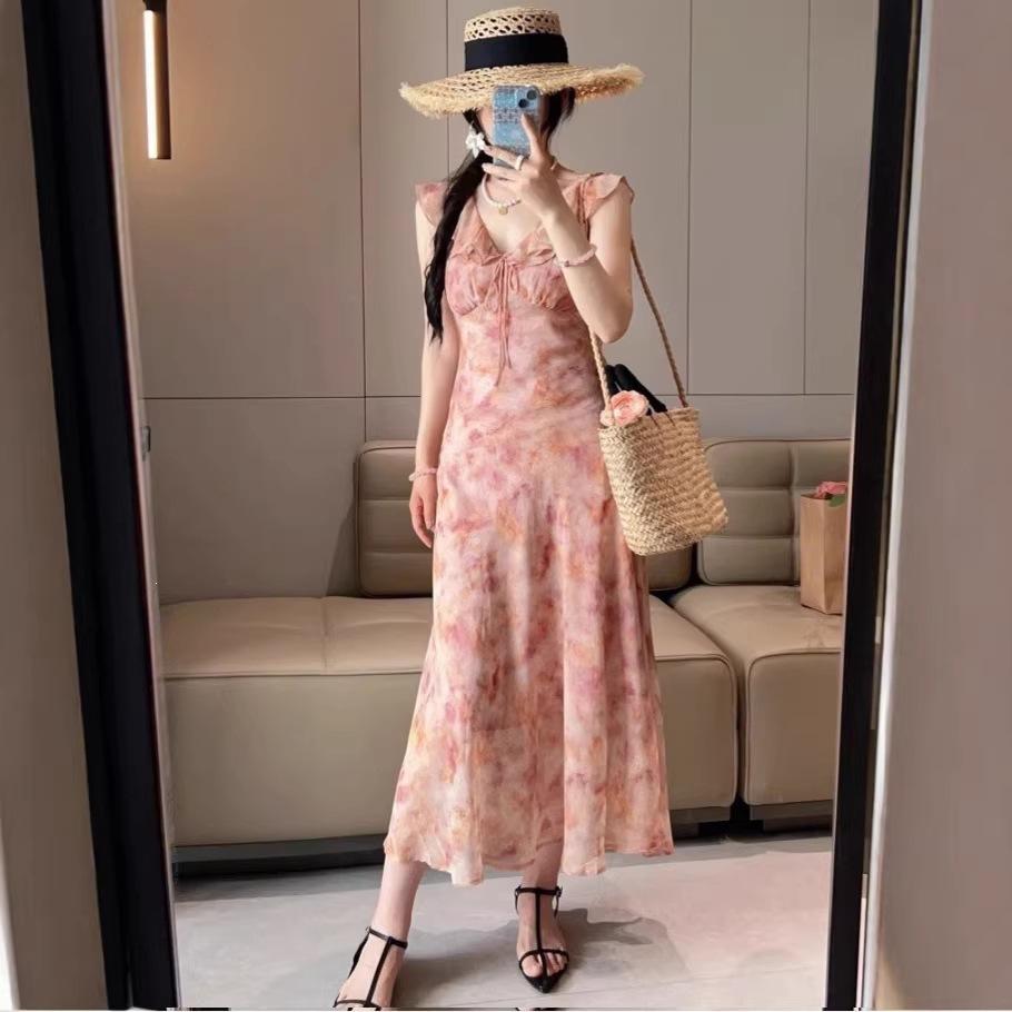 French retro V-neck pink ruffle edge floral suspender dress women's summer new waist and thin skirt