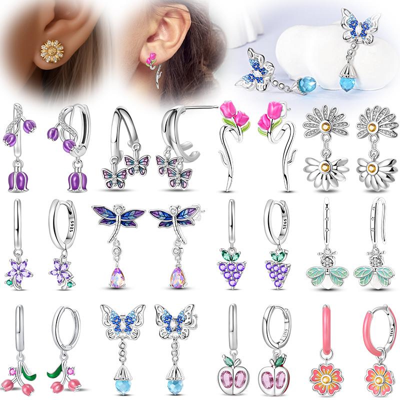 Early Spring 925 Silver Pink Tulip Sunflower Butterfly Grape Sweet Fresh Earrings Fit For Engagement Fine Jewelry Gifts
