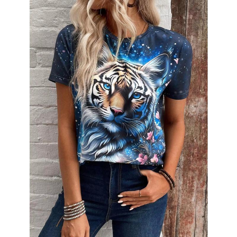 Summer Vintage Women T-shirts 3d Animal Tiger Print Tshirt Women Fashion T-shirt V-Neck Oversized T Shirt Women's Clothing Anime