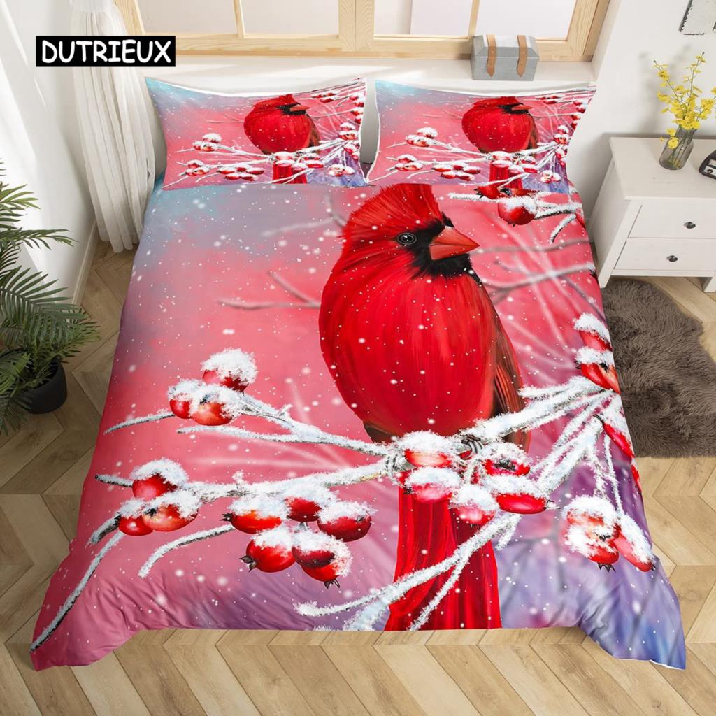 Kardinal Bettbezug Set Roter Vogel Bettwäsche Set für Kind Jugendliche Kiefer Baum Bettdeckenbezug Tier Schnee King Size Weicher Steppdeckenbezug