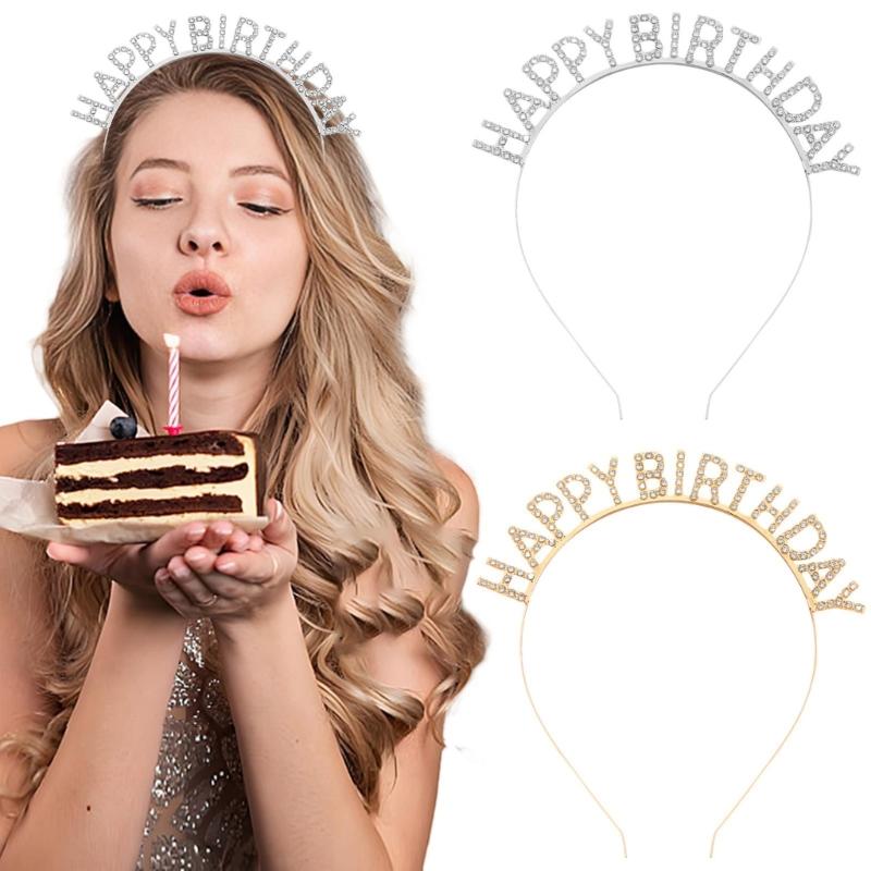 Happy Birthday Props Hairband for Adult Family Gathering Birthday Party Rhinestones Headband Photography Accessories