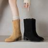 Krazing Pot Cow Suede Nubuck Winter Round Toe Modern Boots Med Heels Slip on Knitwear Women Mid-calf Boots