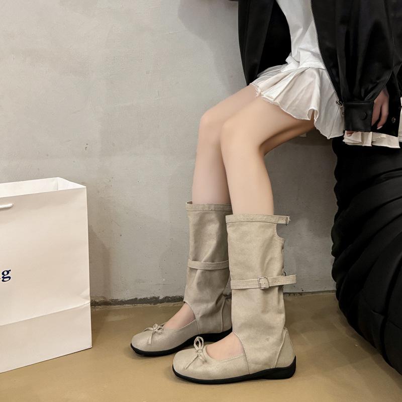 Cowhide Version~ Frosted Leather Pleated Stacking Boots 2025 Niche Ballet Style Bow Hollow Fashion Cool Boots