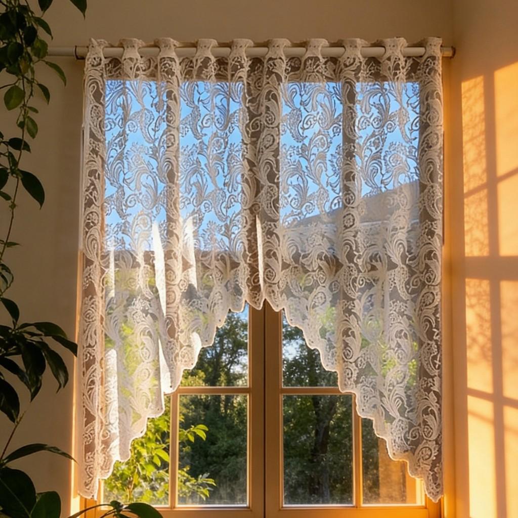 White Arched Lace Half Door Drapery With Plant Floral Print For Bedroom Or Living Area