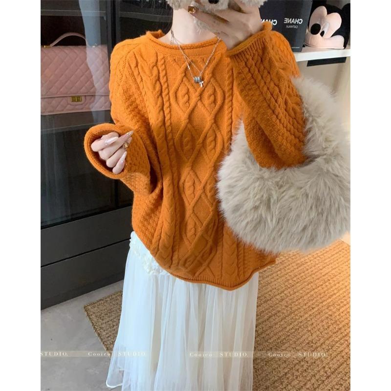 

Lazy wind retro twist hemming design soft waxy pullover sweater women s autumn and winter new versatile long-sleeved knitted sweater One size