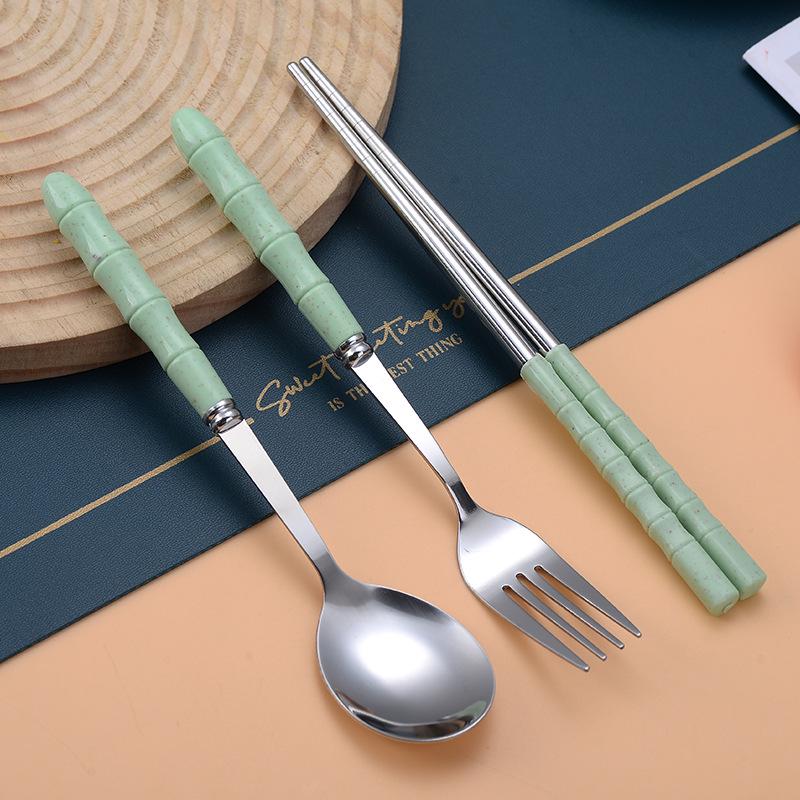 Portable Stainless Steel Cutlery Set: Bamboo Handle Spoon, Fork & Chopsticks for Office & Travel