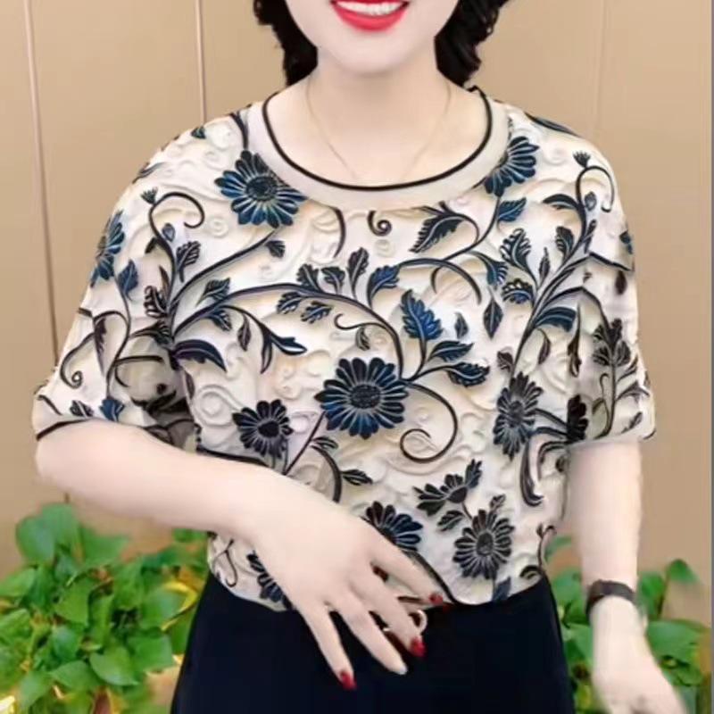 Letní móda plus size tričko pro ženy středního věku a starší - Omlazující, Krátký rukáv, Trendy design