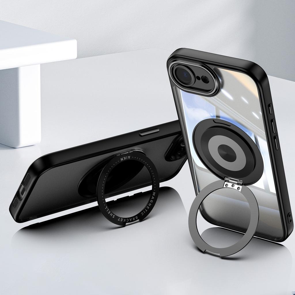 For iPhone 16e Magnetic Case PC+TPU Phone Cover with Rotating Metal Kickstand,Lens Protector