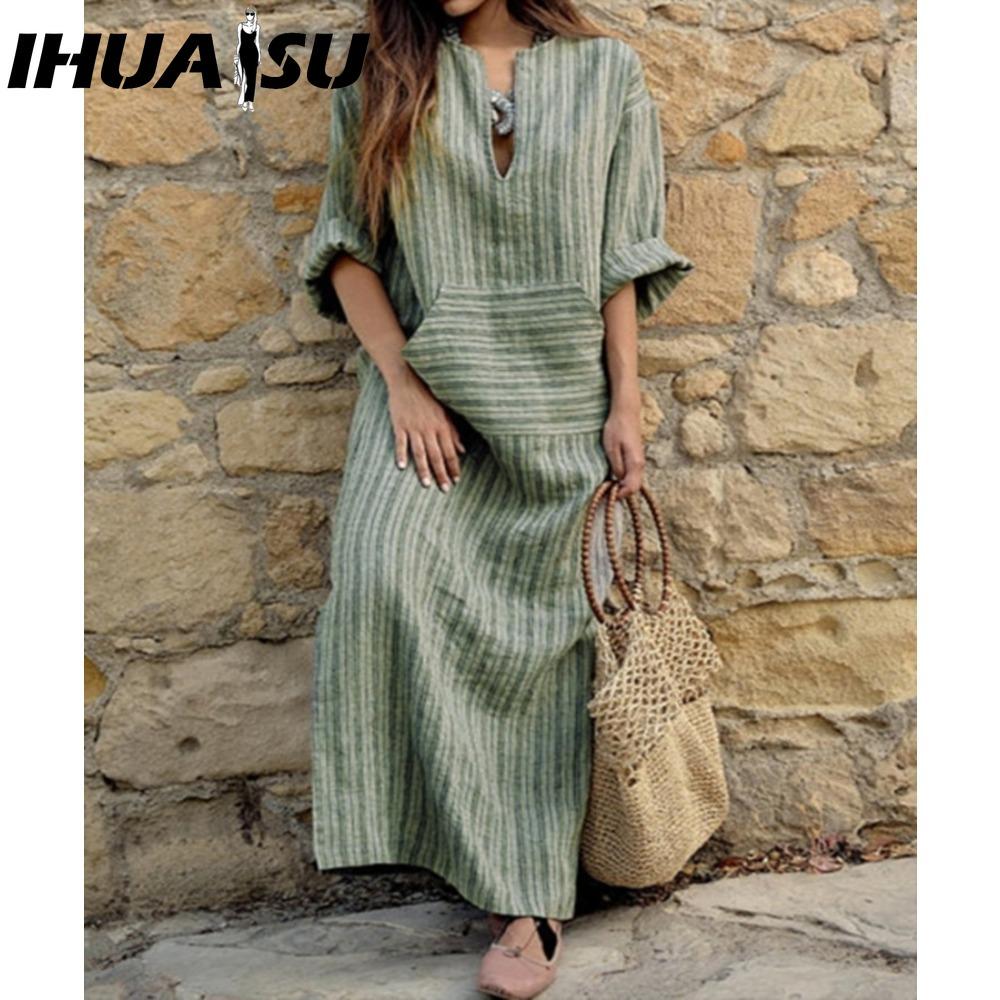 

IHUASU S-5XL Женская Весенне-Летняя Одежда Большого Размера Дамское Хлопково-Льняное Свободное Полосатое Длинное Платье с Карманами XXXXL
