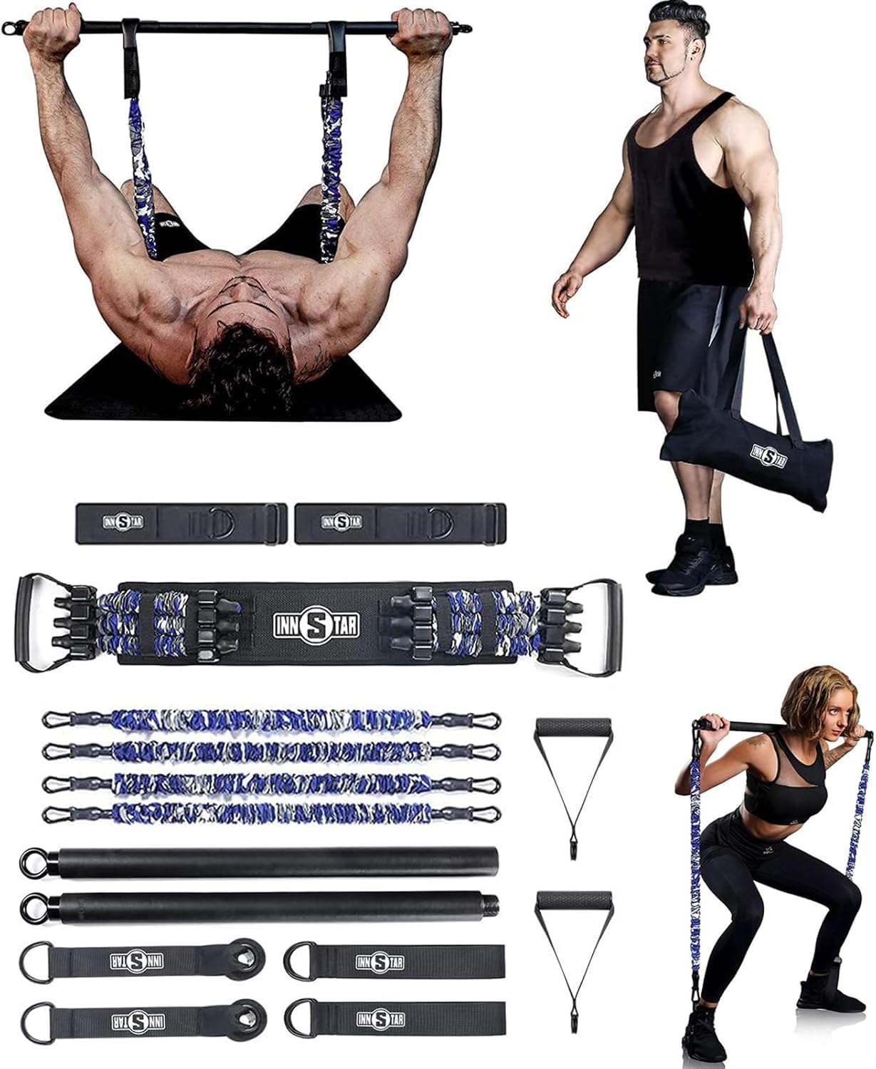 

INNSTAR Adjustable Bench Press Assistance Resistance Band Set with Rubber 48kg and Detachable Chest Home Training Fitness Equipment with Door Foot