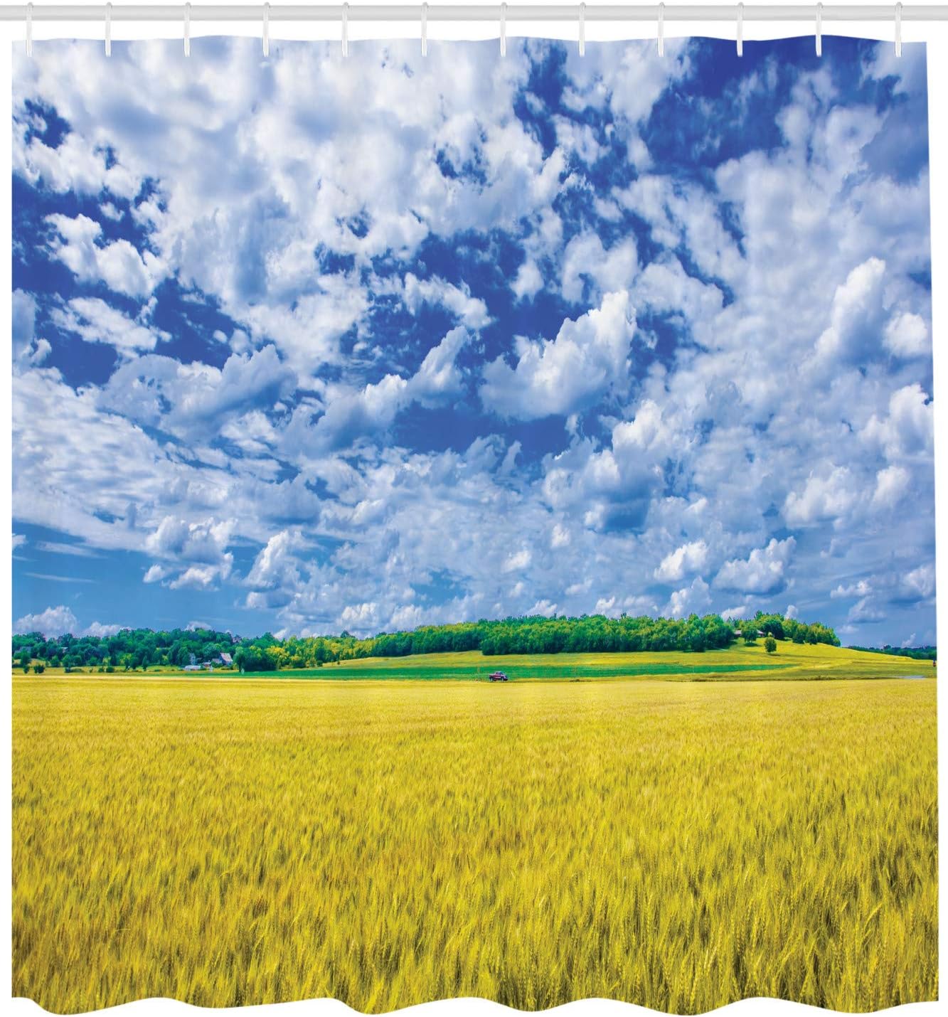 

Wheat Field Shower Curtain with Hooks – Kansas Countryside, Sunny Summer Farm Scene, Apple Green Blue White Rural Decor 90x180cm35x71in