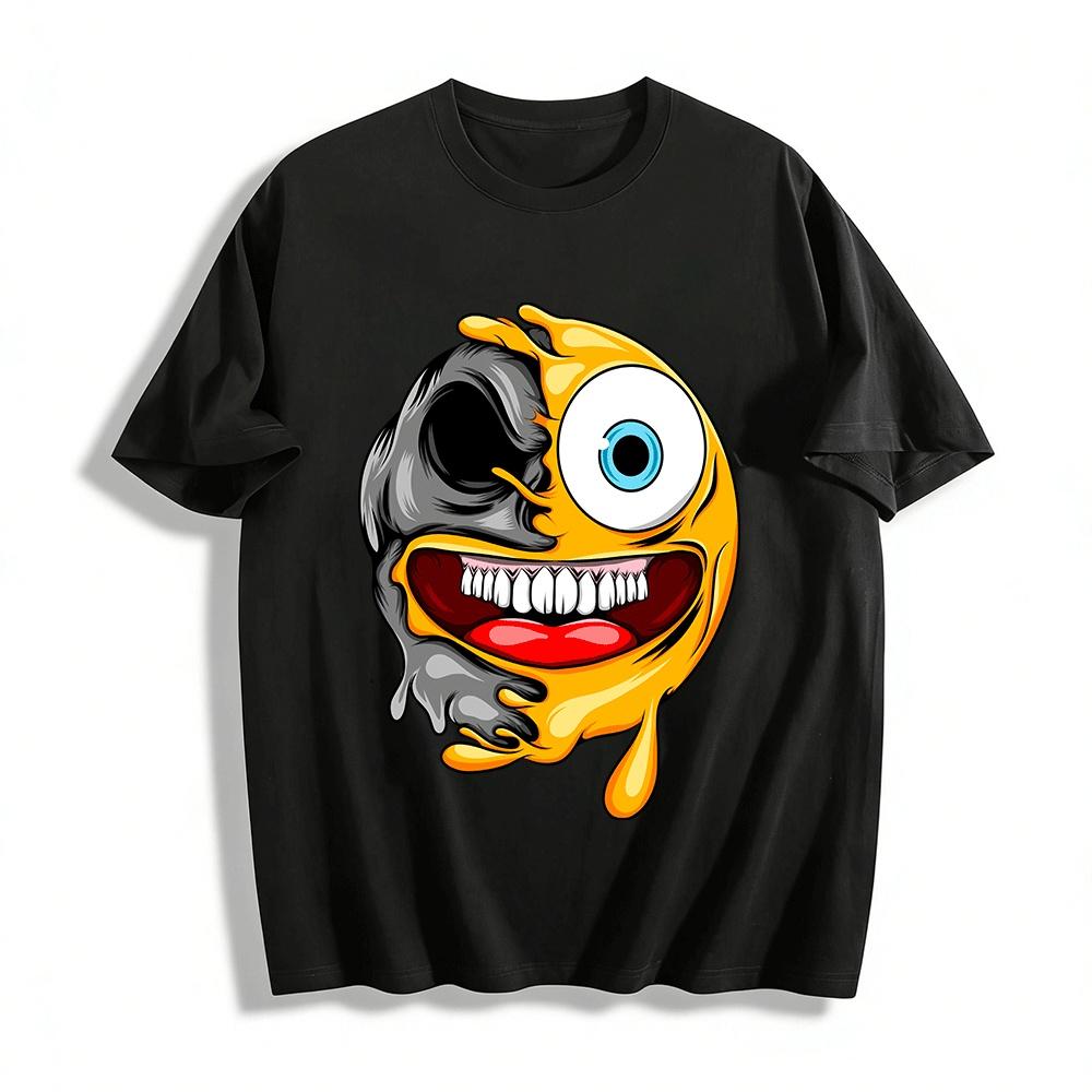 Melting Half Skull Emoji Print Trendy Casual Short Sleeve T-Shirt Pure cotton T-shirt XXS