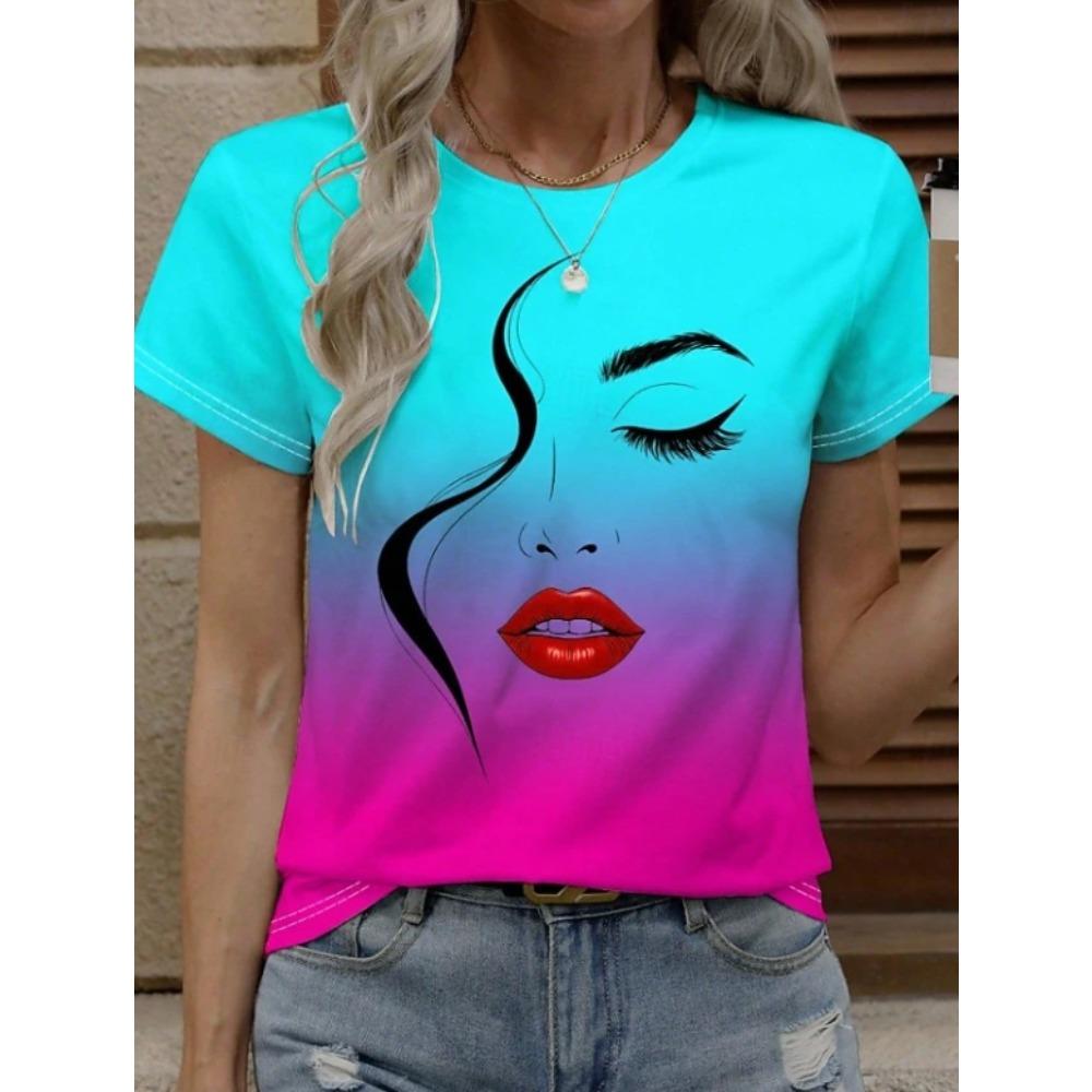 Fashion Women Retro Creative Red Lipped Portrait Print T Shirt Funny Casual O-neck Short Sleeves T-shirt Summer Female Tee Shirt