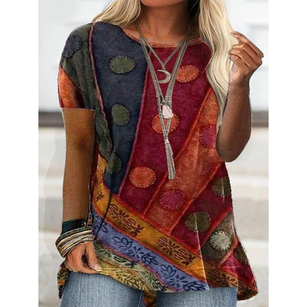 Women's Plus Size Summer Women's Short Sleeve Round Neck Printed Irregular Pattern Loose Comfortable Casual T-Shirt