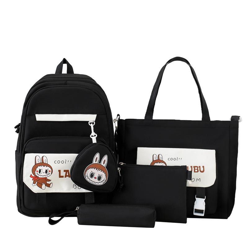 Labubu New Korean Style Fashion Four-piece Backpack Student Backpack Tutoring Bag Trendy Large Capacity Backpack