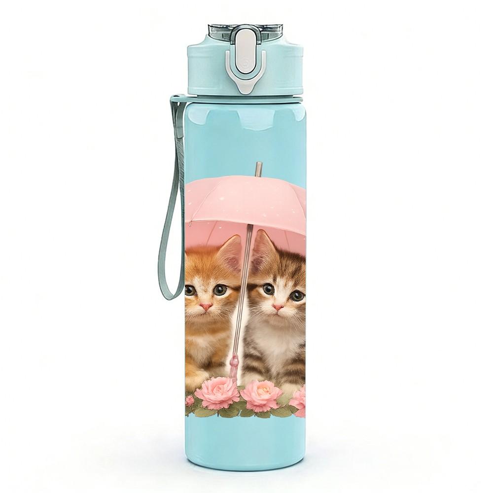 1PC Two Kittens Under Pink Umbrella 750ml Color Plastic Sports Water Bottle Leakproof Flip Straw Lid For Sports Office Home Use