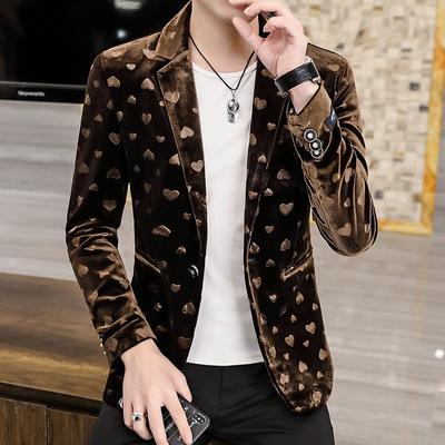 Men's  Four Seasons Heart-Shaped Jacquard Suit Gold Velvet Casual Slim Handsome Blazer Jacket
