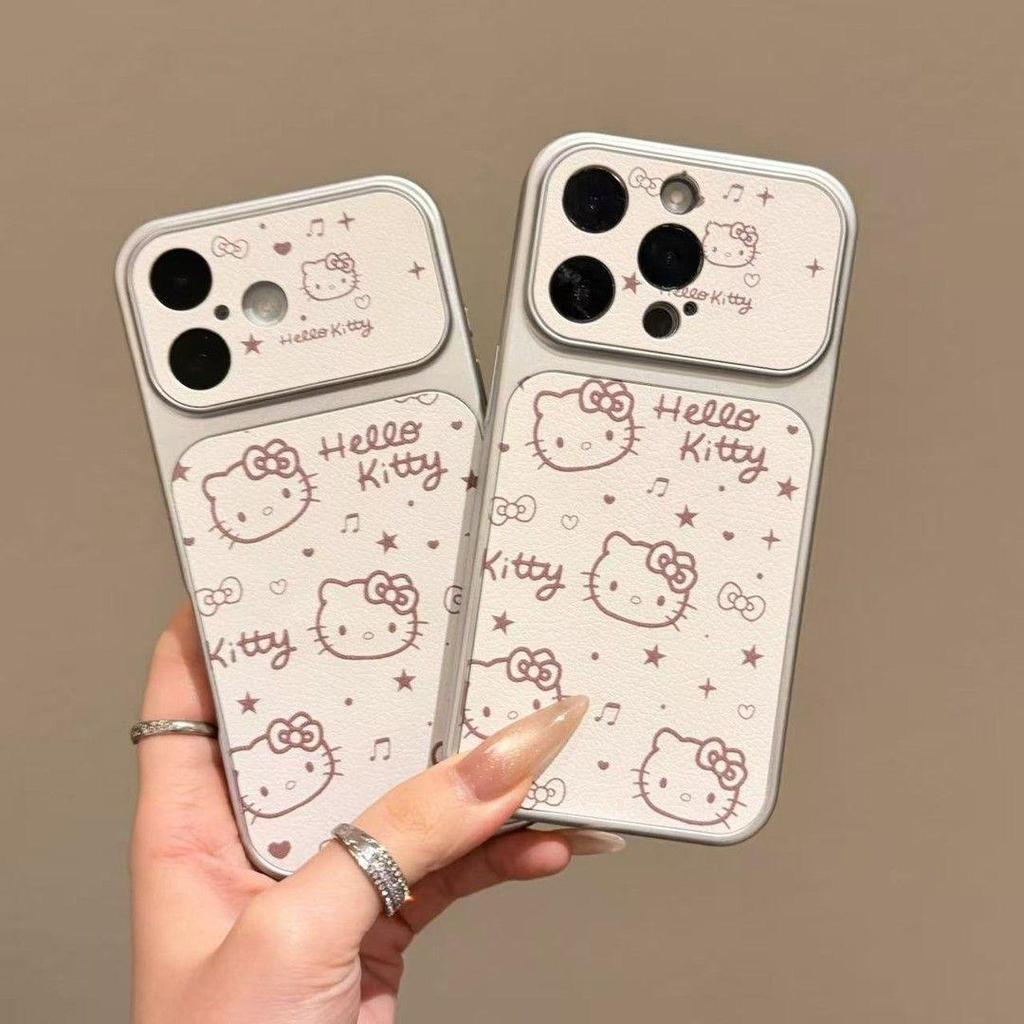 Musical Notes and Stars KT Cat Leather Texture Phone Case for Apple 13P, 14, 15, 16, 17 Pro Max with Large Window Silver Frame