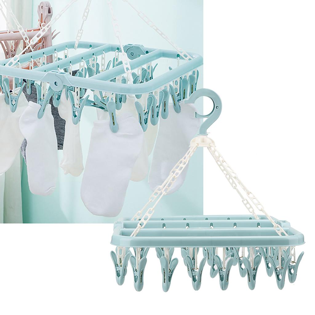 Laundry Hanger with 32 Clips Foldable Laundry Clothespin Drying Rack for Socks Underwear Bras ScarfBlue