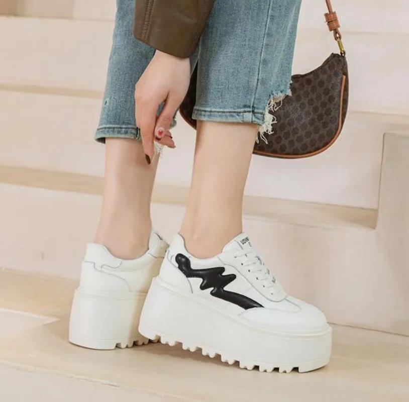 Fashion 8cm Mixed Color Ladies Vulcanize Shoes Genuine Leather Spring Autumn Lace Up Stable High Platform Sneakers Women Fashion Shoes