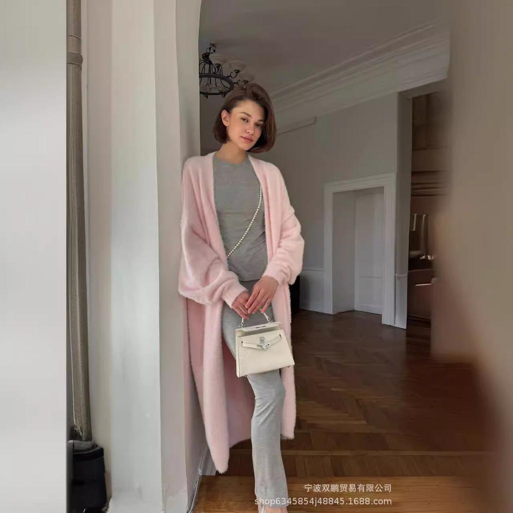 Autumn and winter European and American style hot sweater set women's loose extended version imitation mink cardigan + split skirt