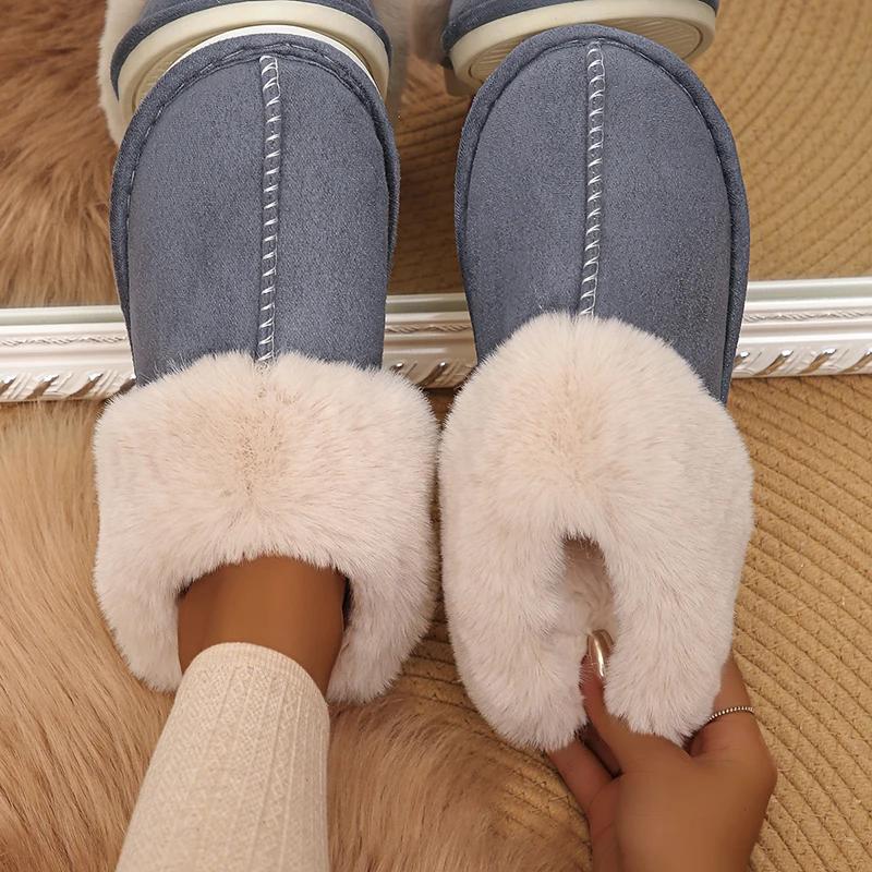 Fashion Closed Toe Warm Cotton Slippers Women Faux Fur Thicken Plush Winter Home Shoes Woman Lightweight Casual Indoor Slides Female