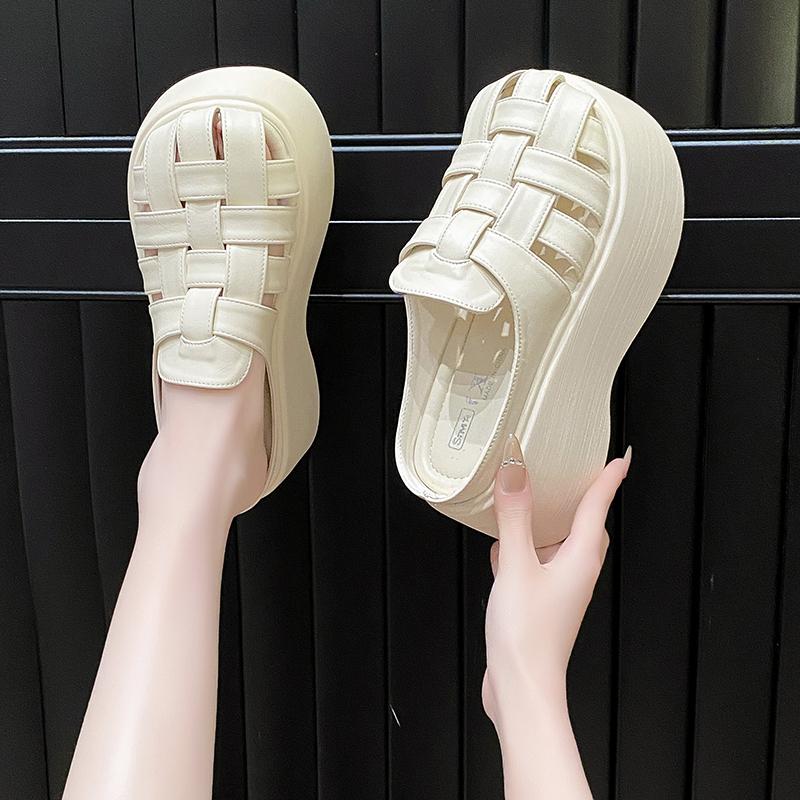 Fashion 8CM Women Leather Sandals New Ladies Shoes Woman Pumps Women Cross-strap Slides Platform Shoes Heels Slip On Round Toe Slippers