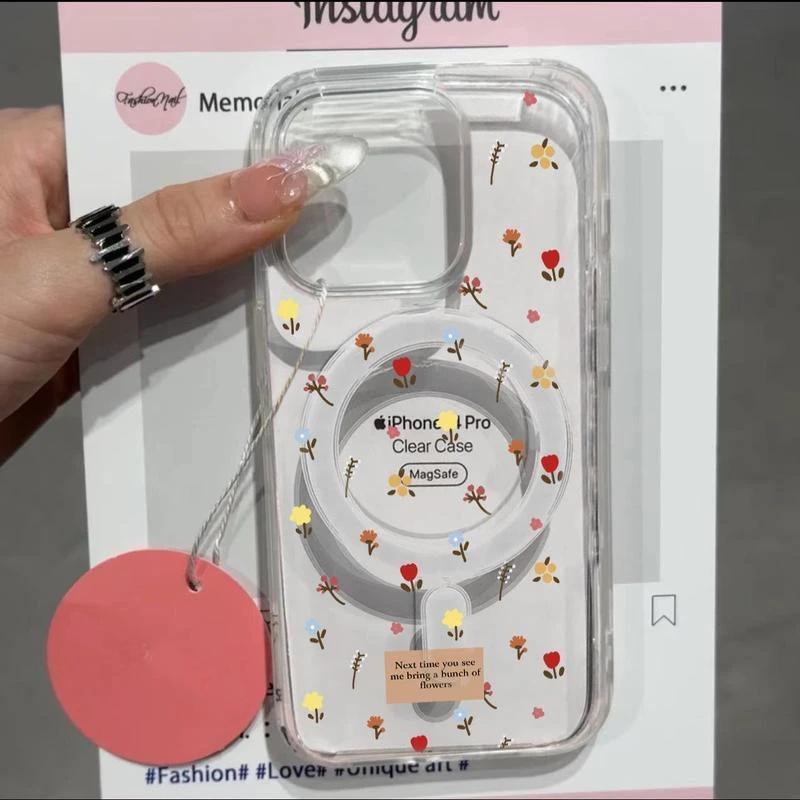 Full Screen Small Florals Suitable for Apple 16pro Mobile Phone Case Magnetically Absorbed IPhone 15 Protective Case 14 Transparent 13 Large Holes