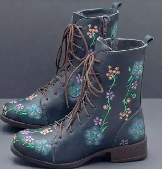 Fashion Woman Ankle Boots Embroidery Big Size 43 Flower Boots 2025 Women Autumn Winter Lace Up PU Leather Female Footwear Ladies Shoes