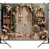 2D Vintage Door Floral Tapestry, Pink Rose Arch Backdrop for Wedding, Bridal Shower, Engagement & Photoshoot