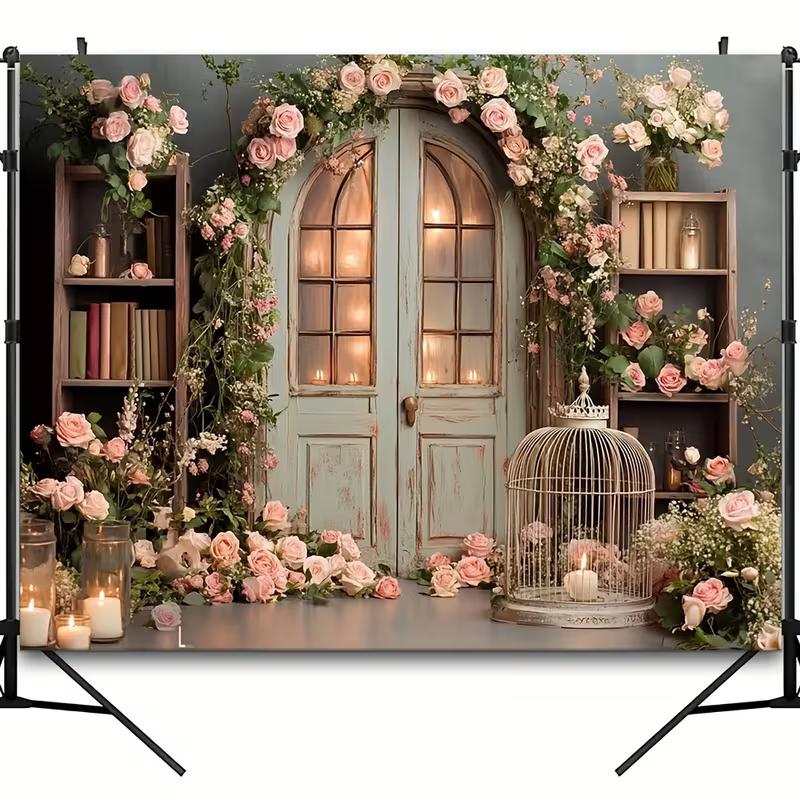 2D Vintage Door Floral Tapestry, Pink Rose Arch Backdrop for Wedding, Bridal Shower, Engagement & Photoshoot