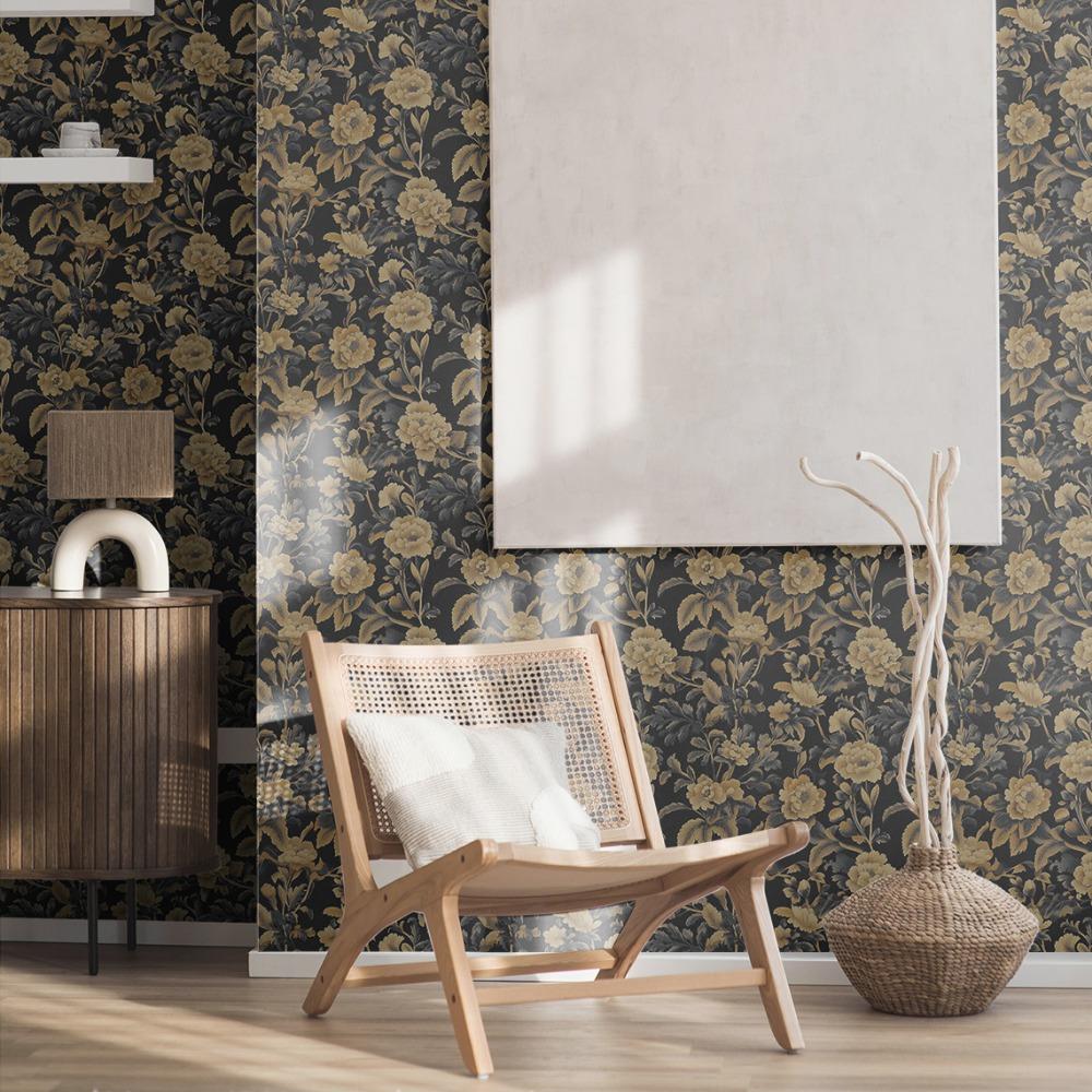 1pc Golden Flowers Self-Adhesive Wallpaper Black Background Removable Wall Stickers Peel and Stick DIY Friendly Water-Resistant Vintage Wall Decor