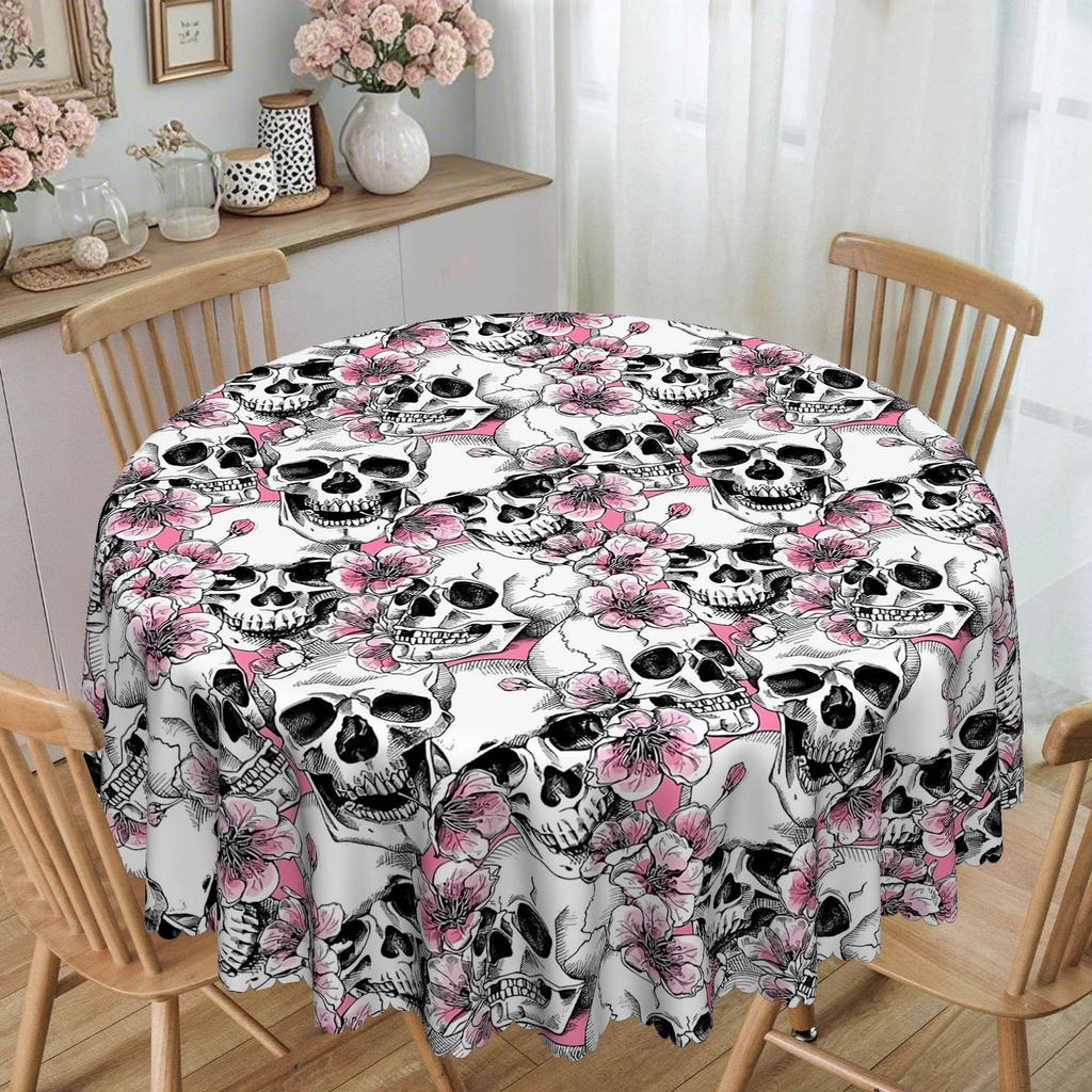 1 Gothic Skull Tablecloth - Pink Flowers With Skull, Complex Skull Pattern, Polyester Fabric.