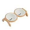 Raised Wooden Ceramic Pet Bowl, Double Elevated Cat Feeder with Removable Bowls, Anti-Spill, Neck Protection