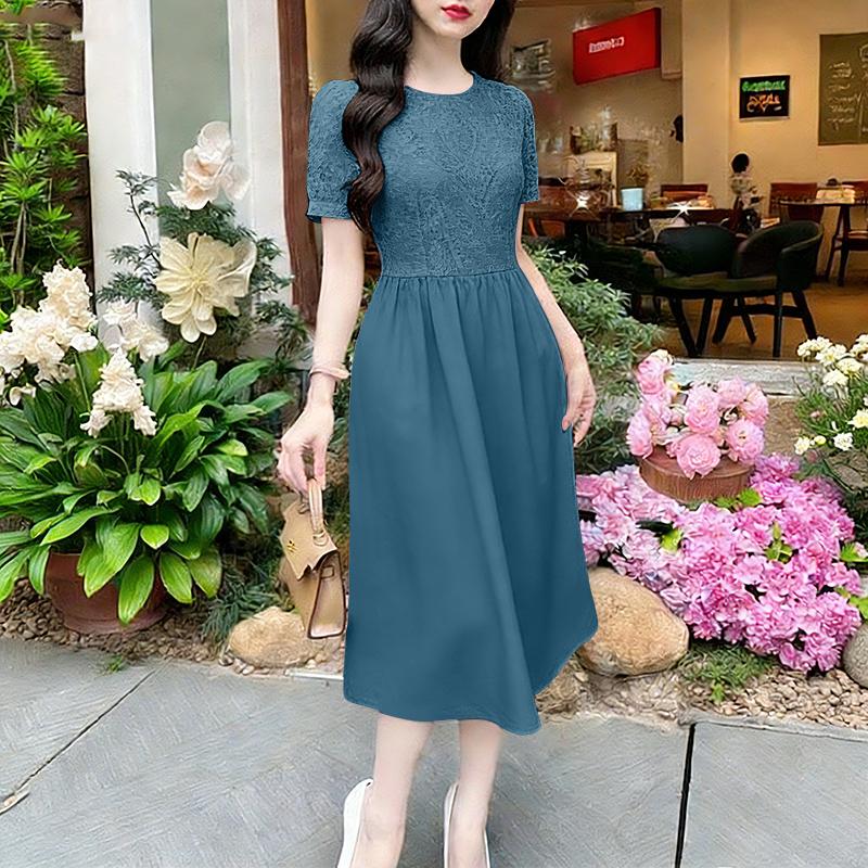 ZANZEA Women Lace Patchwork Casual Round Neck Short Sleeve Dress