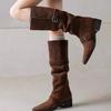 Boots women's boots knight long tube square head belt buckle can be turned thick heel western autumn and winter retro new fold